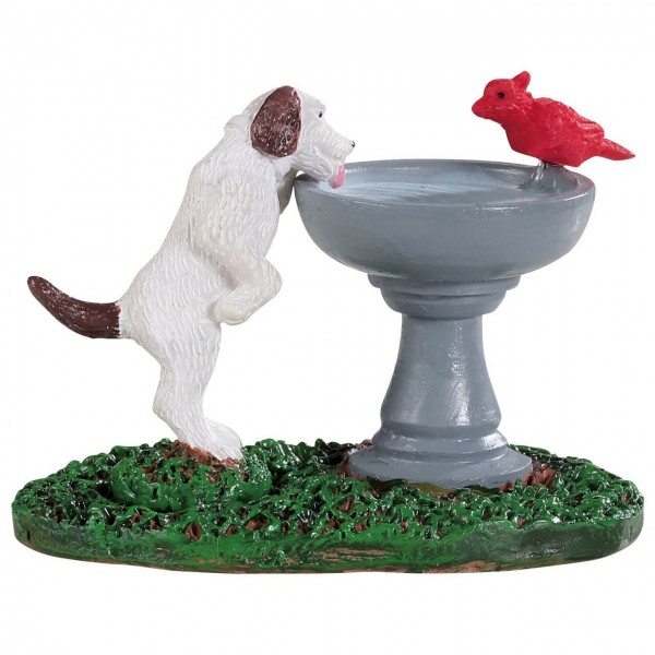 Fontaine avec oiseau et chien